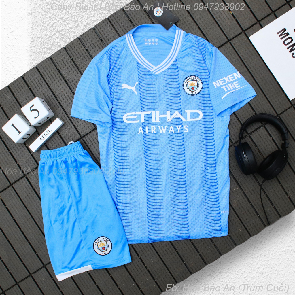 Bộ Quần Áo bóng Đá CLB Man City 2023/24 mẫu mới Áo Xanh Quần Xanh - Đồ Đá Banh Manchester City Vải Gai Thái cao cấp