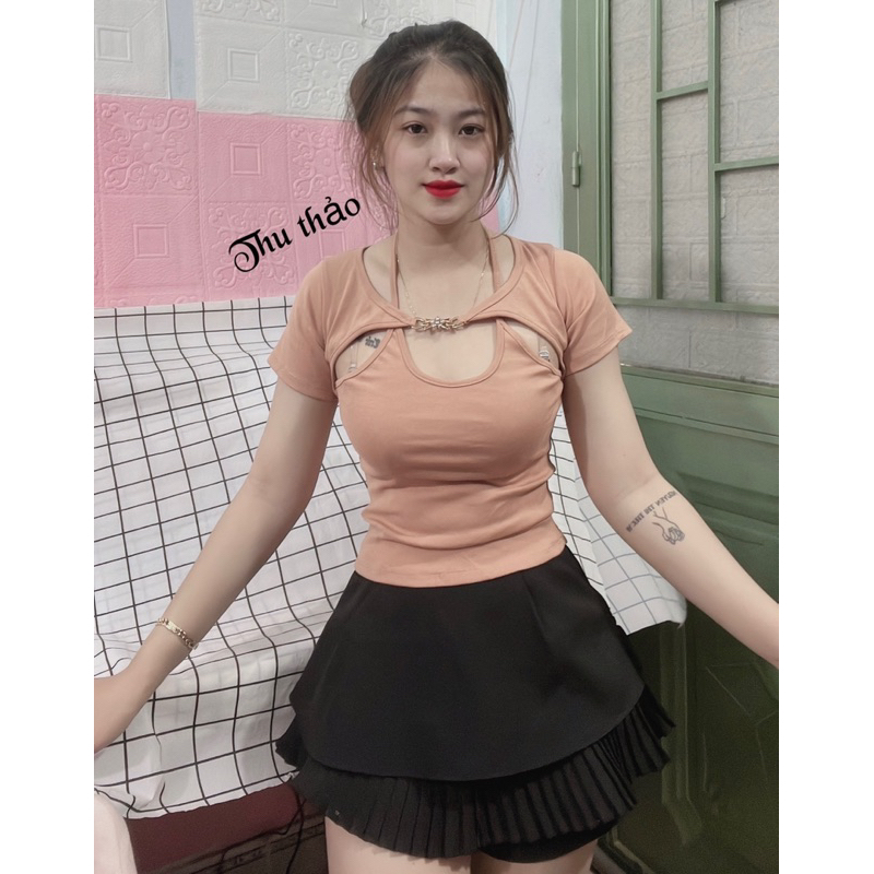 Áo thun body tay ngắn cột dâu kèm khuy