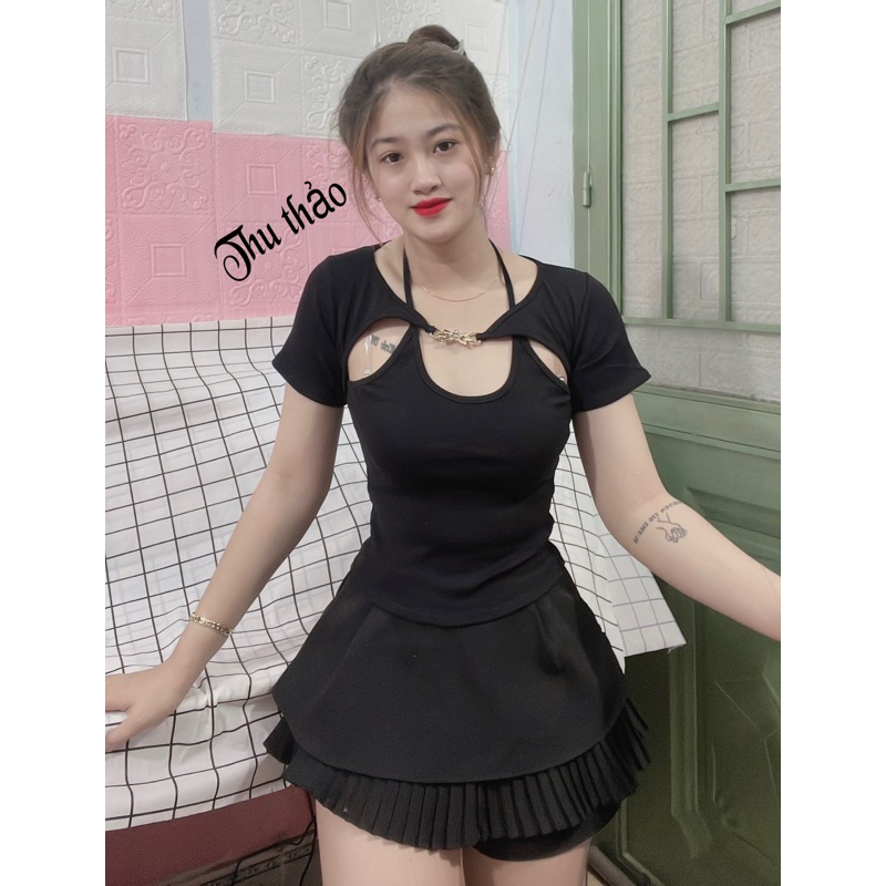 Áo thun body tay ngắn cột dâu kèm khuy