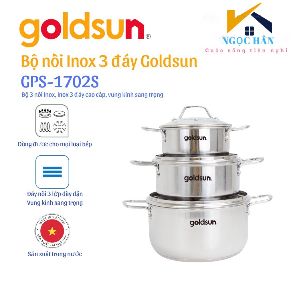 Bộ nồi inox 3 đáy bếp từ Goldsun GPS1702-S , nắp kính cường lực, inox 430 sáng bóng dày 0.5mm