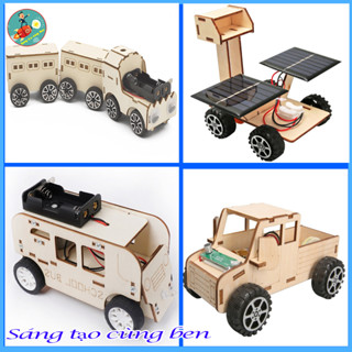 Đồ chơi stem - Bộ lắp ghép combo 4 sản phẩm ô Tô, Xe Tải, Xe buýt, Đoàn tàu gỗ chạy bằng Pin AA. Đồ chơi giáo dục steam