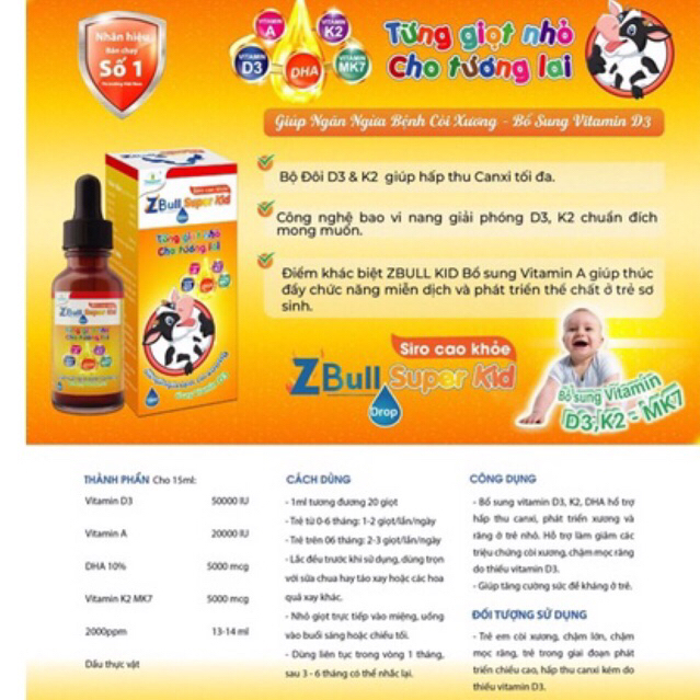 siro nhỏ giọt zbull super kid drop bổ sung vitamin A, d3,k2-mk7,dha,tăng cường hấp thu canxi,chắc xương,răng,trẻ 6 tháng