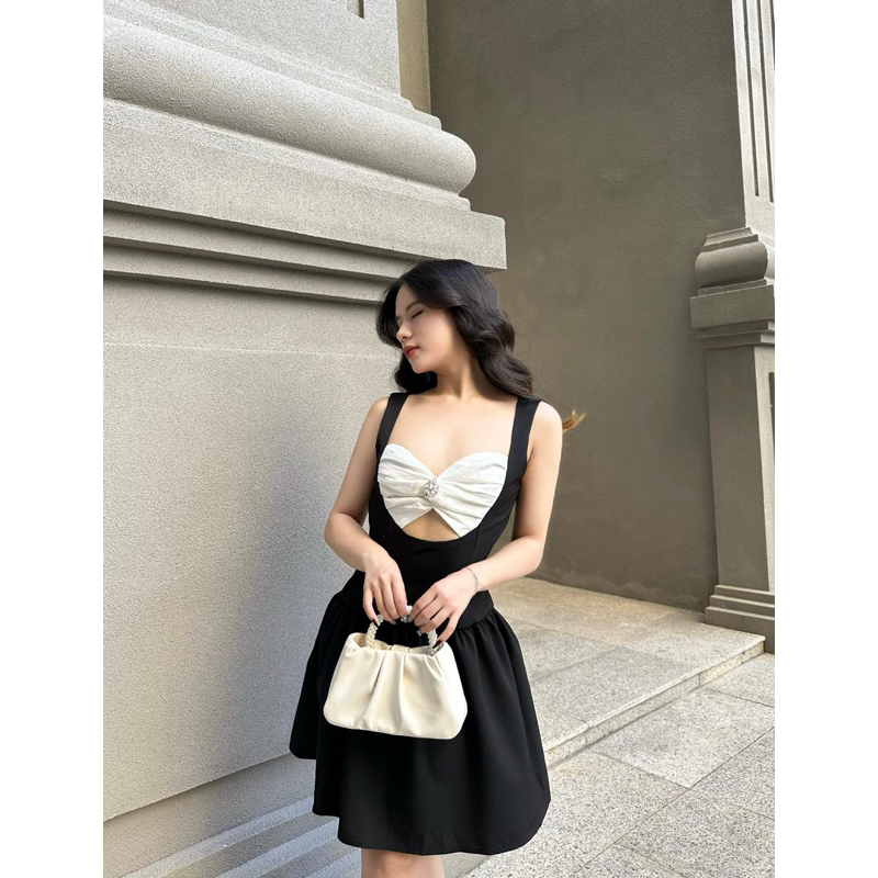 Đầm tiểu thư công chúa sang chảnh đính đá trắng đen phồng cao cấp nhún đi tiệc hẹn hò Hera Dress