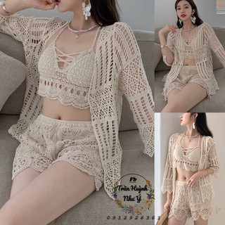 Bộ bơi bikini ren⚡️Set ren đi biển 3 món sang chảnh hàng QC