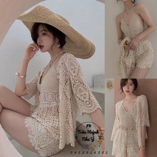 Bộ bikini ren đi biển 3 món sét bikini đi biển bra đi biển quần áo choàng đi biển