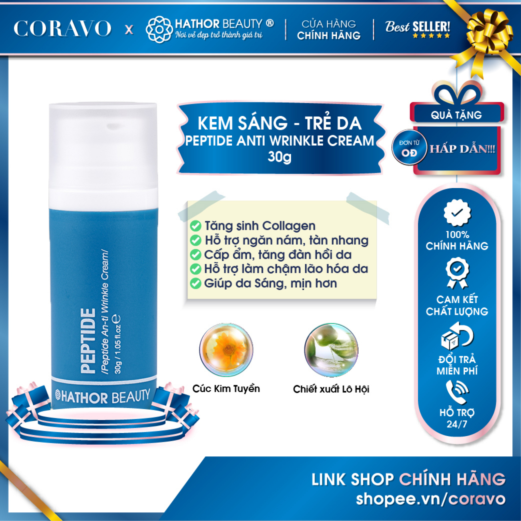 SIÊU PHẨM CHỐNG LÃO HÓA, TRẺ HÓA DA, CẤP ẨM PEPTIDE ANTI WRINKLE CREAM HATHOR BEAUTY (KIM THIÊN HOA) 30g - Coravo
