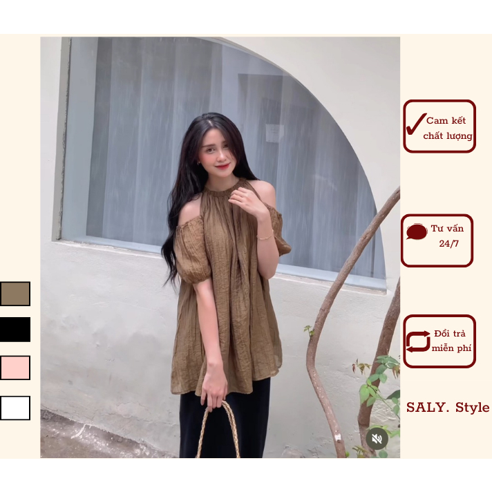 Áo tơ nhăn cổ yếm chun trễ vai Saly - AotohanA024_P8k4