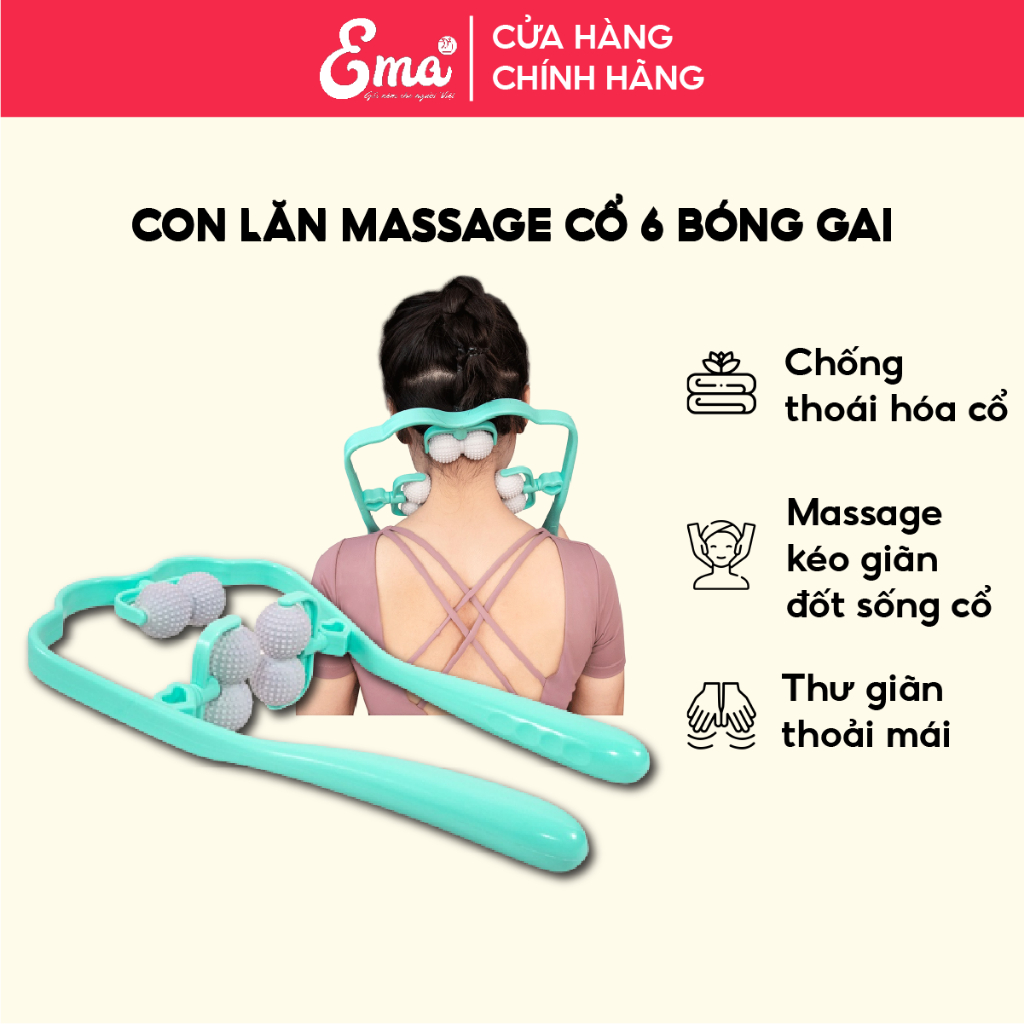 Con lăn massage cổ vai gáy 6 bóng gai Ema chất liệu nhựa TPE độ bền cao giúp giảm đau cứng cơ, lưu thông máu tốt