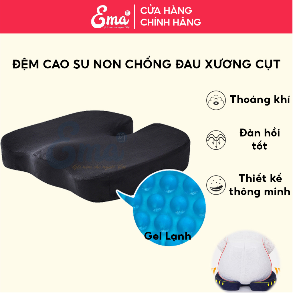 Đệm ngồi lót ghế văn phòng cao su non Ema có Gel Lạnh thoáng khí hình chữ U chống đau xương cụt giảm ê mông thâm mông