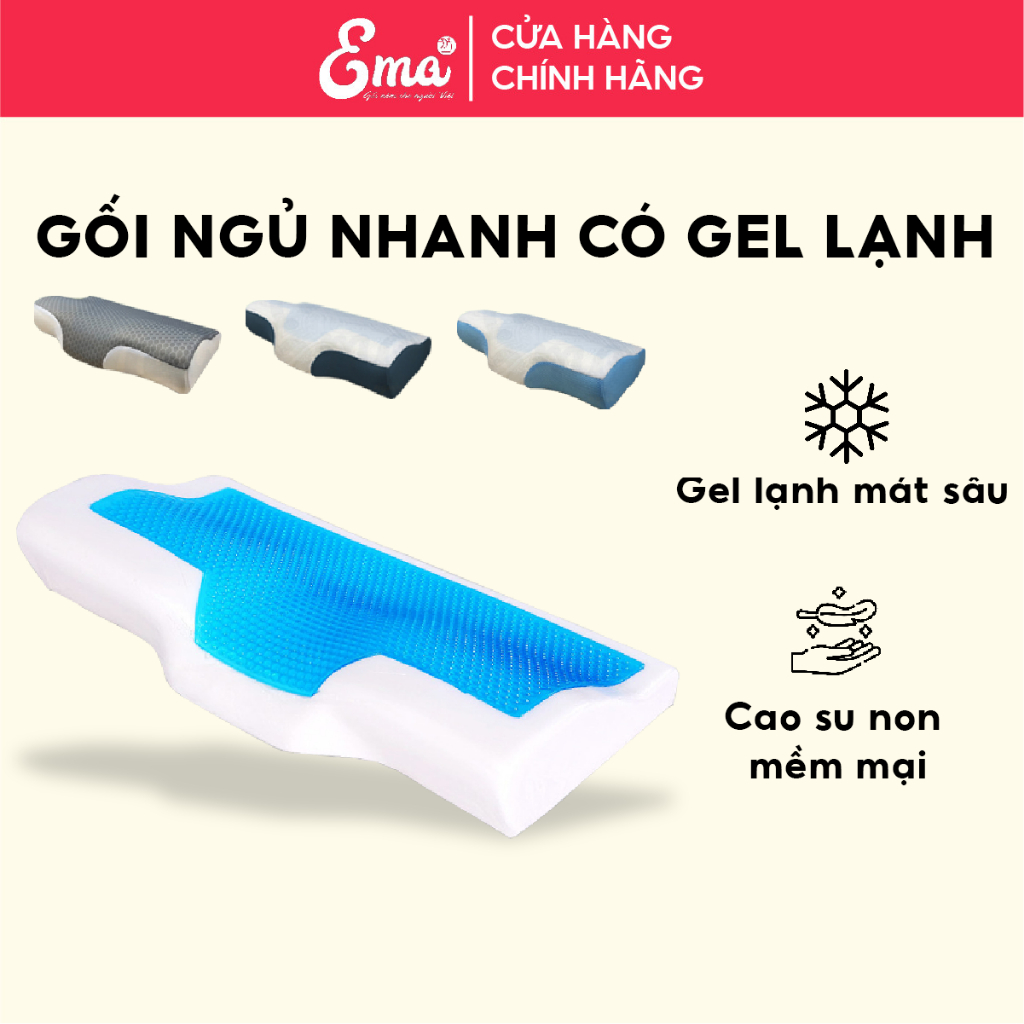 Gối cao su non người lớn giúp ngủ nhanh có Gel Lạnh Ema thiết kế công thái học chống ngáy và đau mỏi cố vai gáy