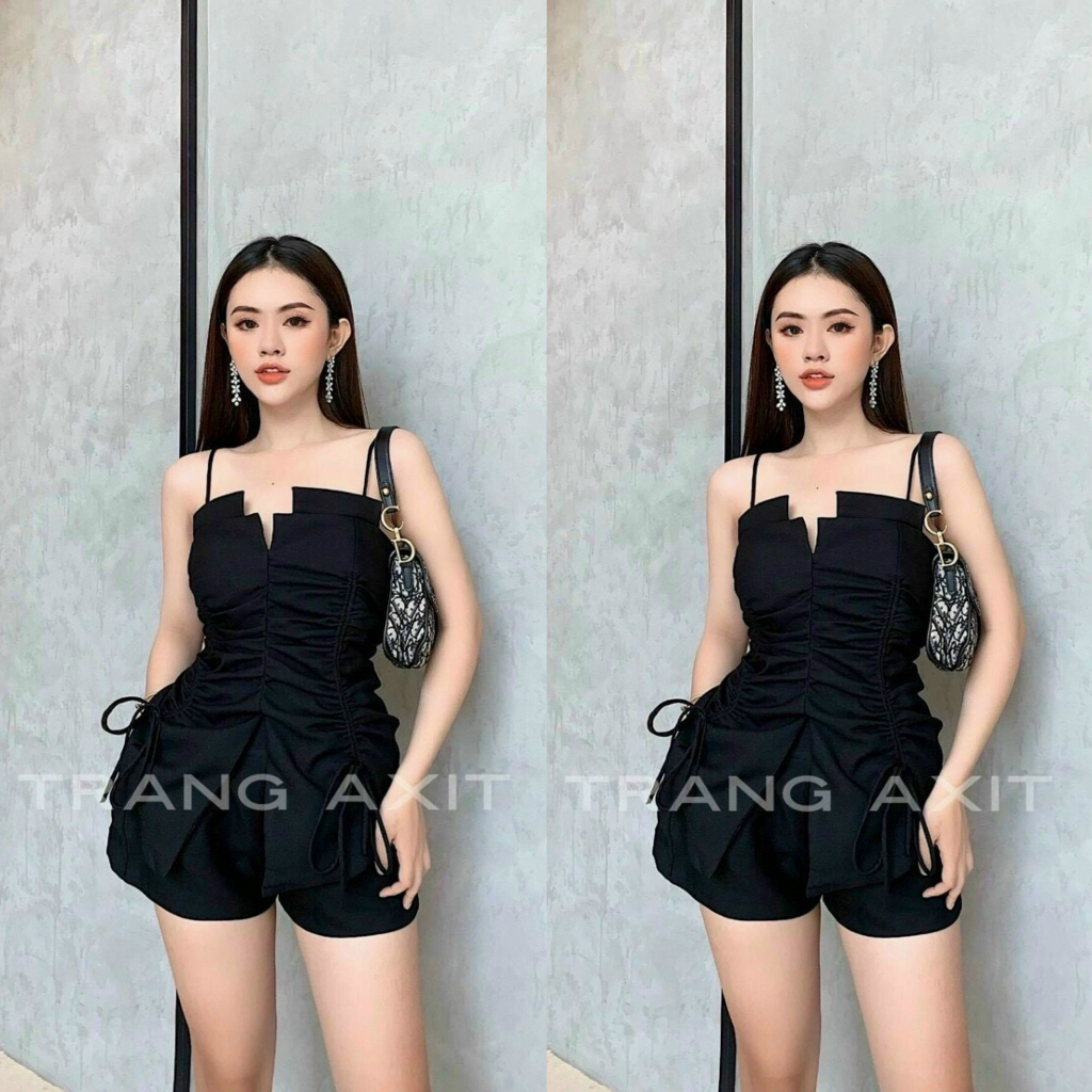 Set đùi nữ 3 dây nhún ngực mix quần sooc xinh xắn cùng tone màu đen sang chảnh, cá tính cho các nàng đi dự tiệc, đi chơi