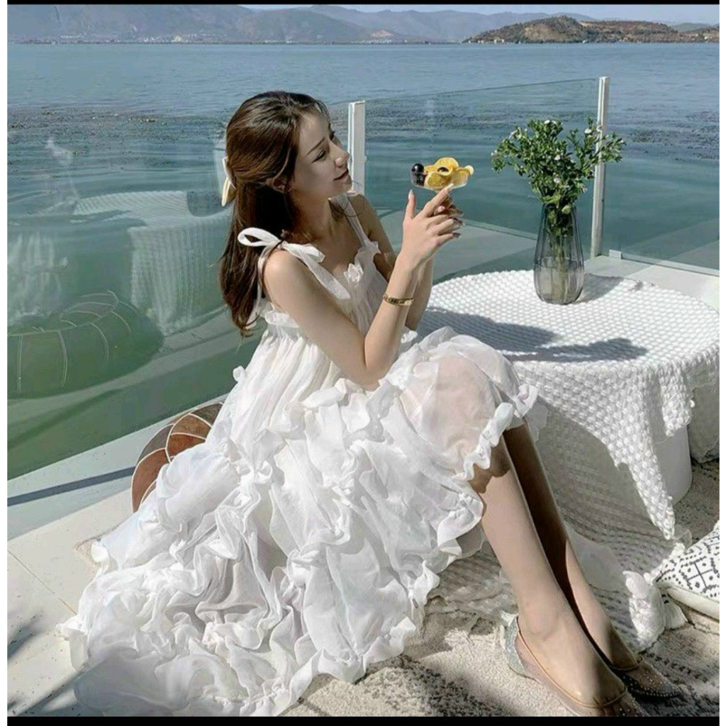 Đầm váy nữ maxi voan 2 dây nhún bèo dáng xòe siêu dễ thương, cùng tone trắng dành cho các tình yêu đi chơi, đi biển
