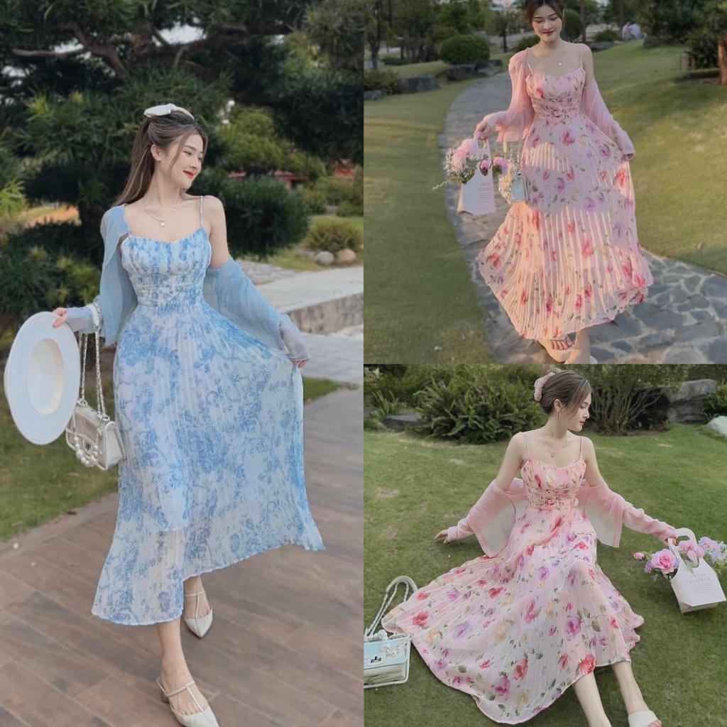 Đầm váy nữ maxi 2 dây voan hoa khoắc tơ lụa kèm khoác xinh xắn, duyên dáng thích hợp cho các nàng đi dự tiệc, đi biển