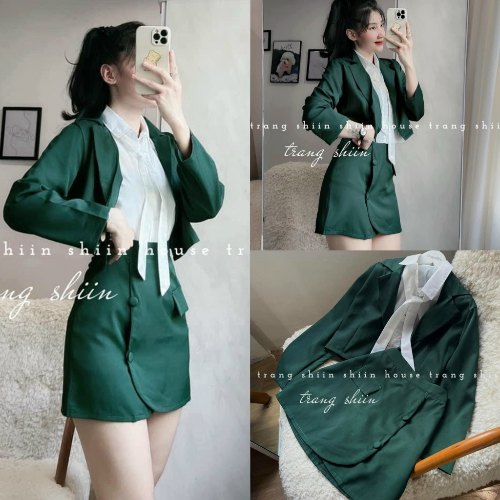 Set váy nữ 3 món áo sơ mi lụa cột nơ mix chân váy chữ A bọc nút kèm áo khoác cổ vest tay dài siêu xinh đi chơi, dự tiệc