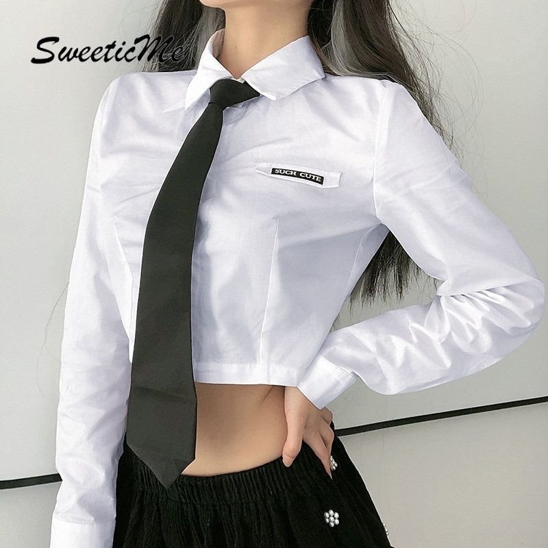 Áo Sơ Mi Crop Top Tay Dài (TẶNG KÈM CÀ VẠT]