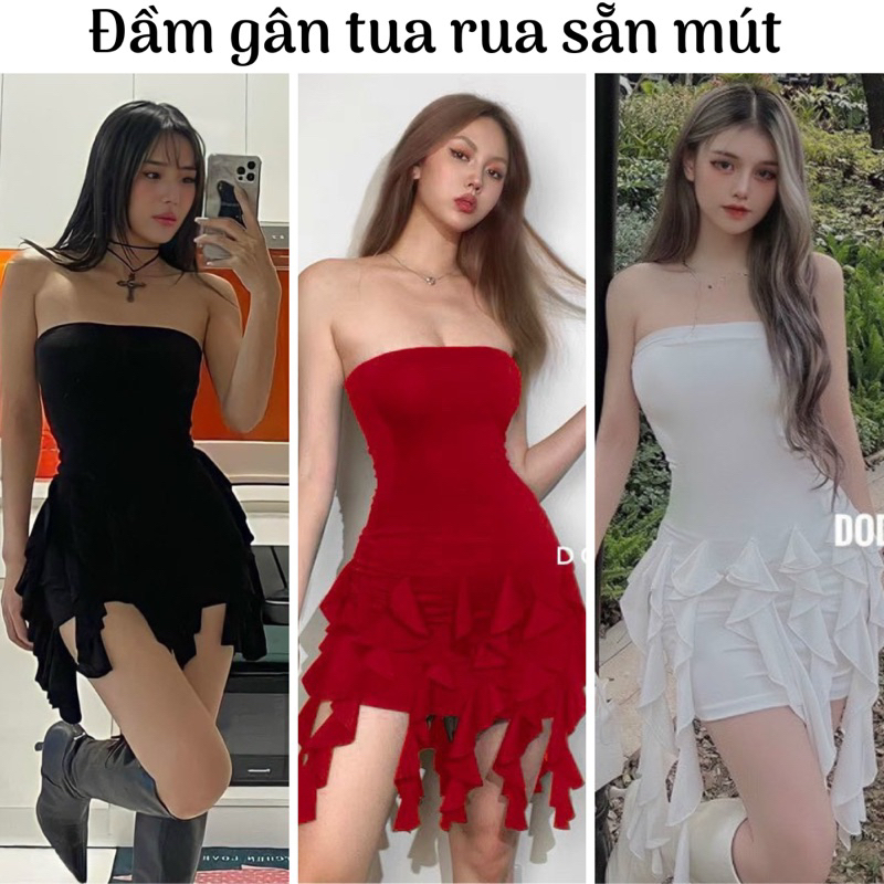 [FREESHIP] Đầm tua rua con mực cúp ngực chất lụa dẻo dày dặn phối chất voan kiếng hai màu hot hit