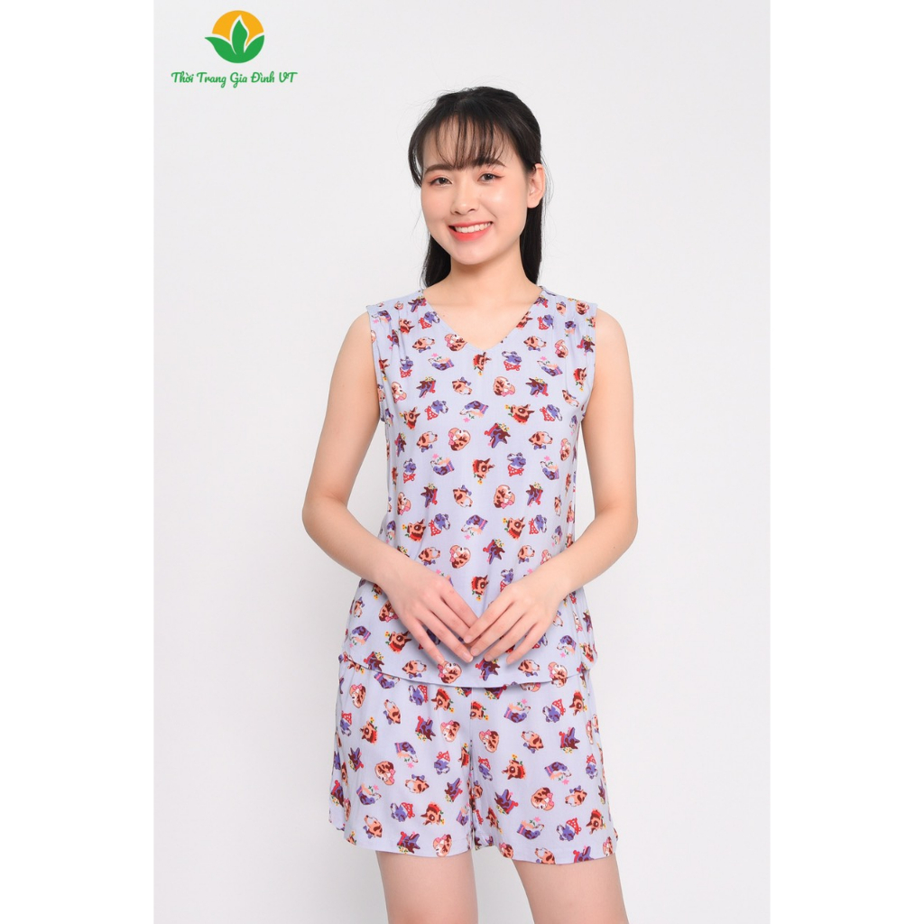 Bộ quần áo mặc nhà nữ mùa hè Việt Thắng, quần đùi , áo sát nách , chất Lanh - B02.2301B