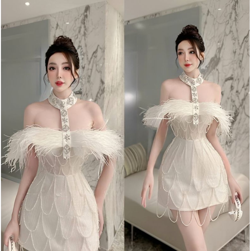 Đầm thiết kế phối trễ vai kết dây đá cực độc lạ xinh xắn đi tiệc, cưới, sinh nhật - mochouse83