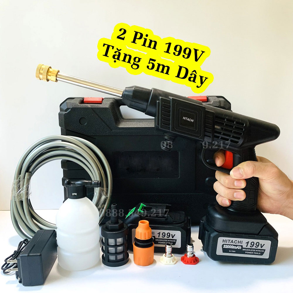 Máy Rửa Xe Chuyên Dụng Pin 10 Cell Siêu Trâu - Máy Xịt Rửa Tăng Áp 199V cỡ Mini xài pin Dùng rửa xe, tưới cây, Du lịch