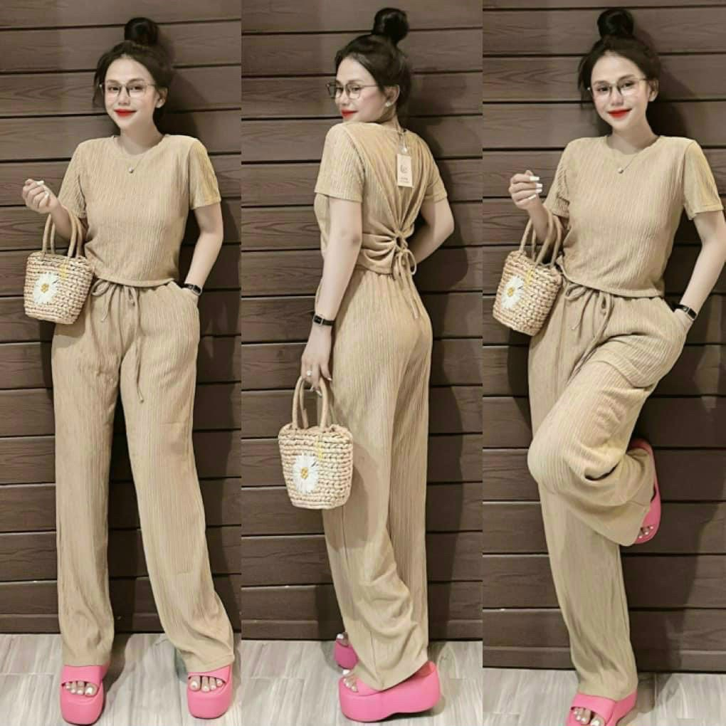 Set bộ thun xốp áo tay ngắn cổ tròn khoét lưng rút dây mix quần dài ống rộng, tôn dáng phù hợp cho các nàng đi chơi