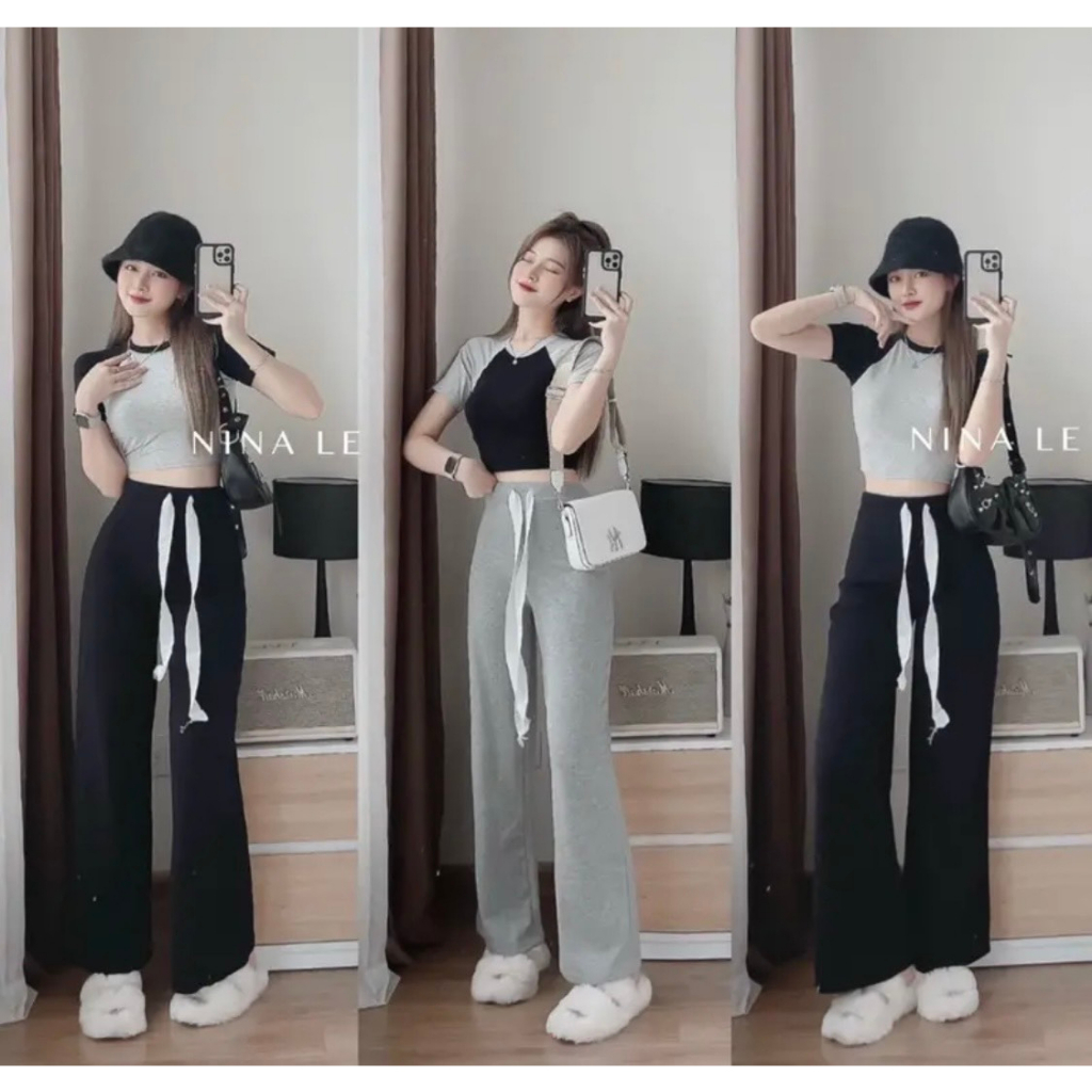 Set bộ đồ nữ thun gân áo vạt bầu tay ngắn phối màu mix quần ống suông sang chảnh, tôn dáng thích hợp đi chơi, đi dạo