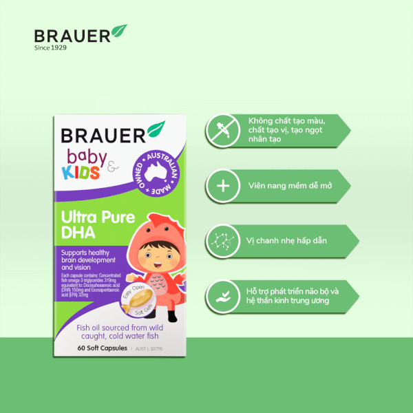 BRAUER Baby & Kids Ultra Pure Cod Liver Oil with DHA - Bổ sung DHA tinh khiết cho trẻ từ 7 tuổi