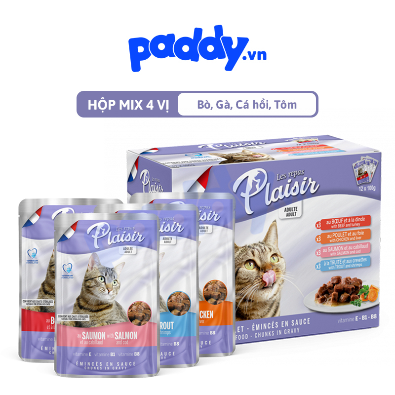 [Hộp 12 gói mix 4 vị] Pate Mèo Plaisir Cho Mèo Trưởng Thành
