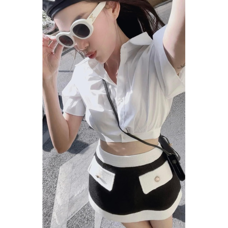 Set Áo Sơmi Trắng Croptop Mix Chân Váy Dạ Viền Cá Tính Kèm Ảnh Thật