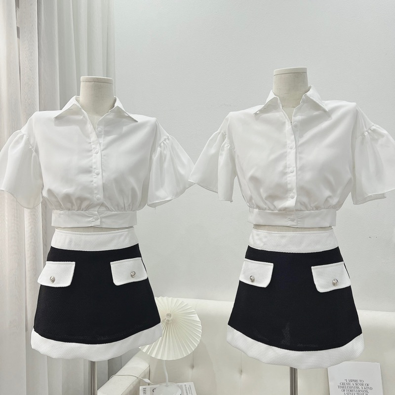 Set Áo Sơmi Trắng Croptop Mix Chân Váy Dạ Viền Cá Tính Kèm Ảnh Thật