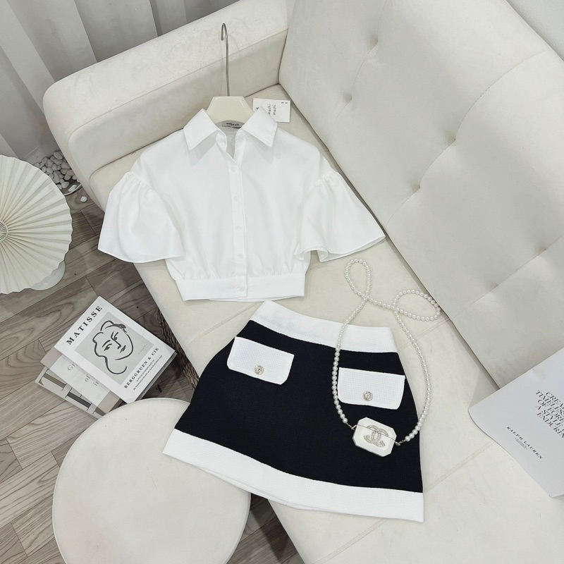 Set Áo Sơmi Trắng Croptop Mix Chân Váy Dạ Viền Cá Tính Kèm Ảnh Thật