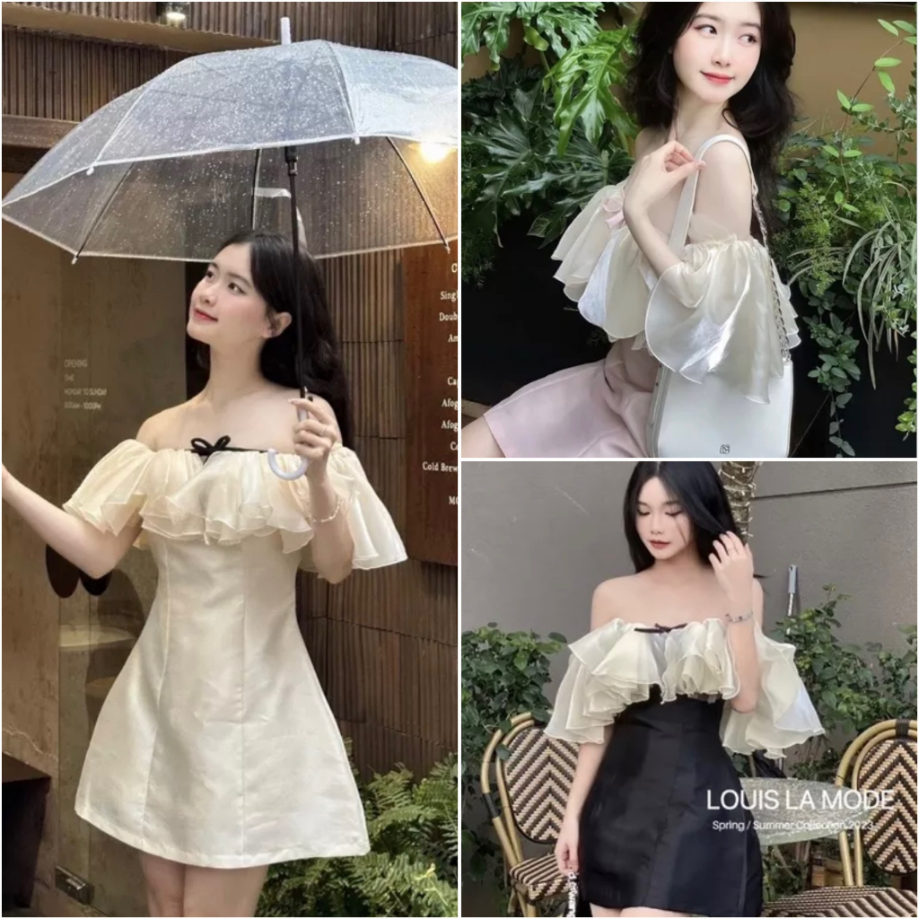 Váy đầm trễ vai bệt vai dáng xòe bèo nơ ngực tacta tiểu thư sang chảnh đi chơi đi du lịch siêu xinh đen kem hồng