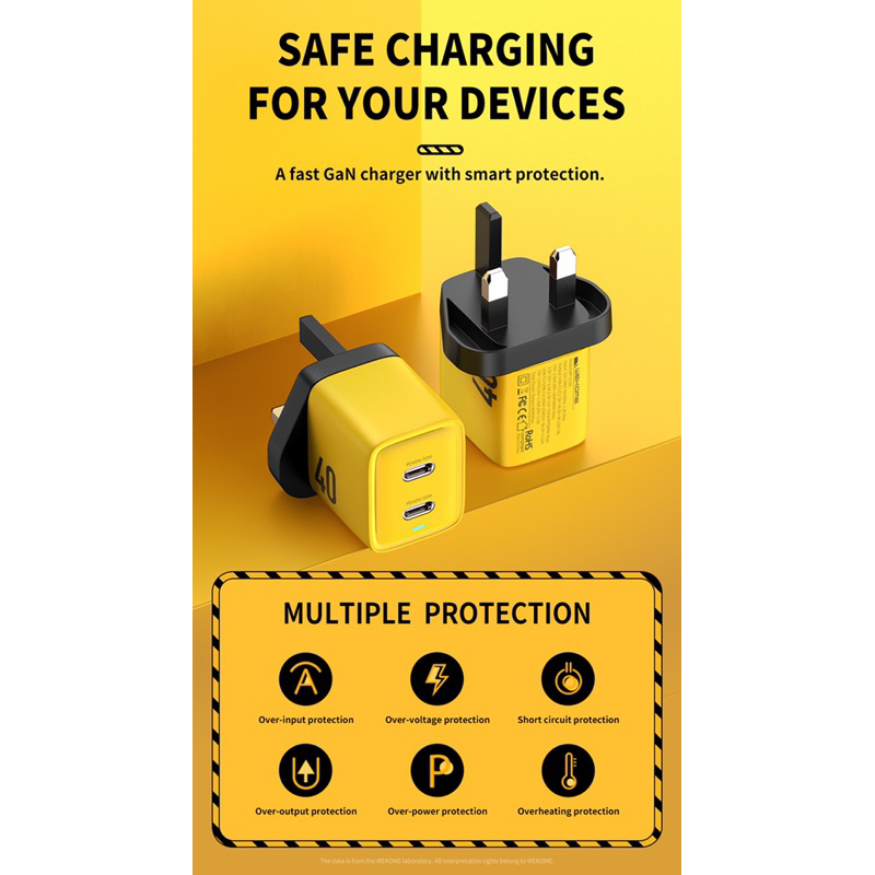 Củ sạc nhanh 40W WEKOME vàng 2 cổng Type C nan. loại 2 chân thẳng