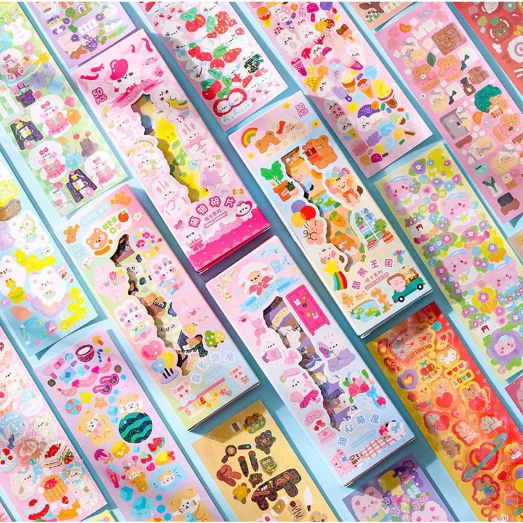 Hộp 50 Tấm Hình Dán Dài Sticker Nhũ Kim Tuyến Lấp Lánh Cute Trang Trí Sổ Móc Khóa ĐT