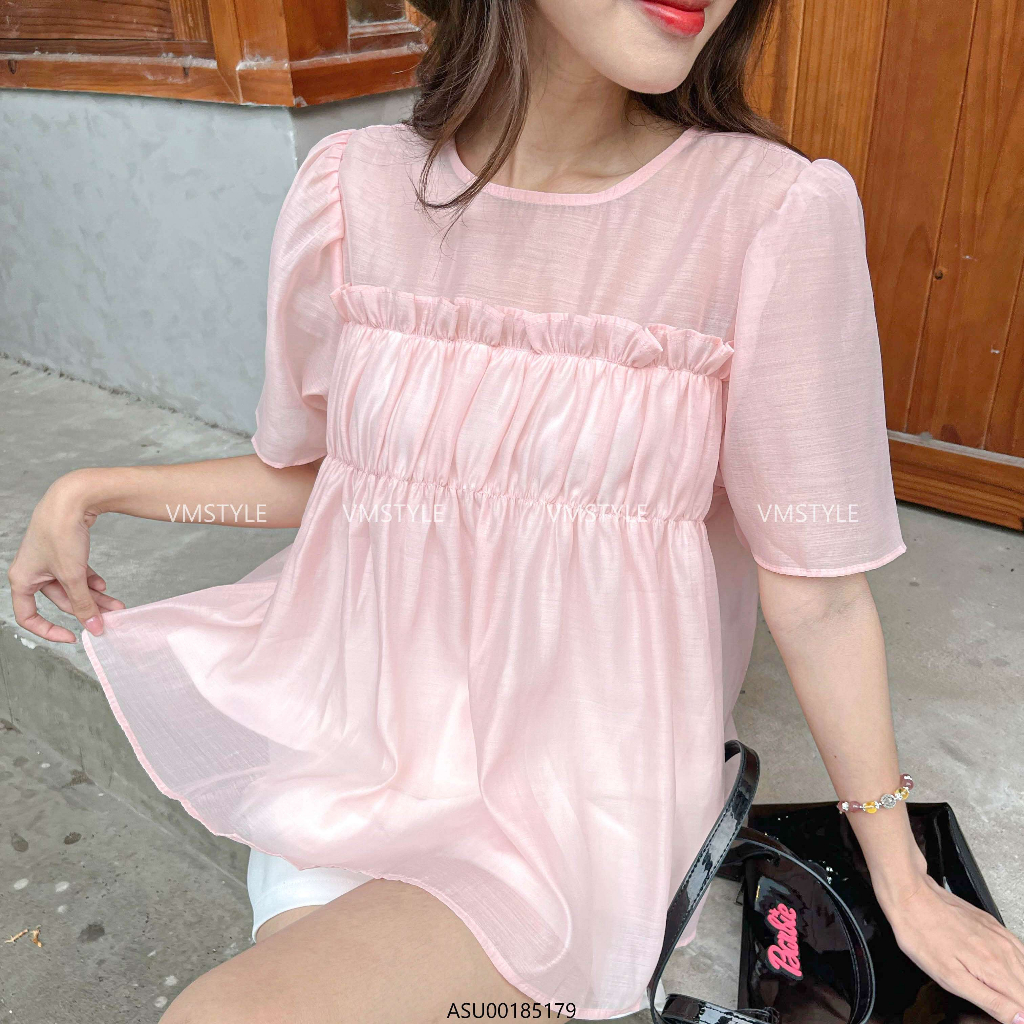 Áo kiểu nữ VMSTYLE dáng babydoll tay phồng phối voan nhún ngực 020575 - ASU00185