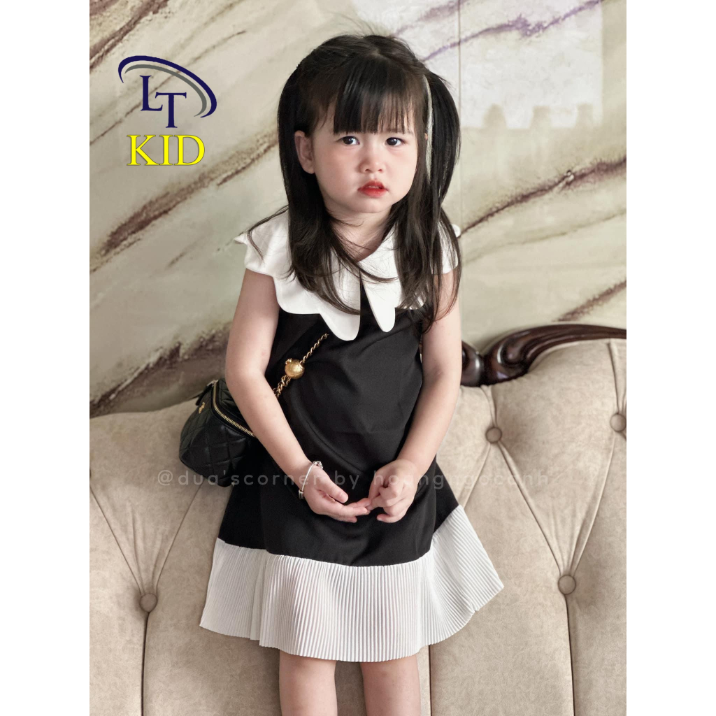 Váy bé gái - váy sát nách cổ sen phối chân xếp ly bèo 2 màu đen, hồng sang chảnh