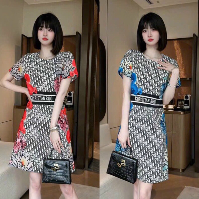 HÀNG NHẬP - ĐẦM SUÔNG LỤA DIOR PHỐI HOA 2 Màu TẶNG KÈM HOA TAI THỜI TRANG