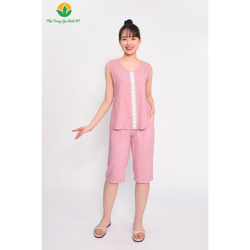 Đồ bộ mặc nhà nữ mùa hè Việt Thắng, quần lửng , áo sát nách , chất Lanh - B05.2308
