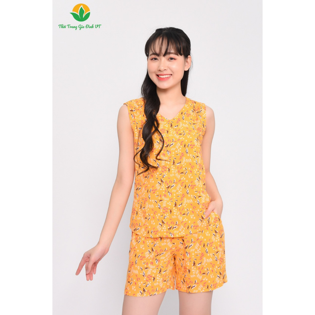 Bộ quần áo mặc nhà nữ mùa hè Việt Thắng, quần đùi , áo sát nách , chất Lanh - B02.2301A
