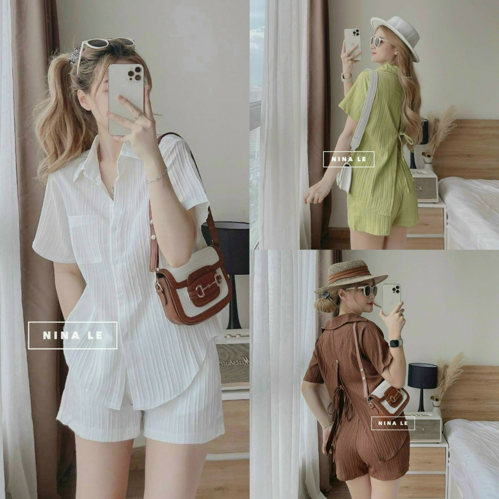 Set bộ áo sơ mi ngắn tay sẻ lưng mix form rộng mix quần đùi ống rộng dễ thương phù hợp đi chơi, đi dạo [999]