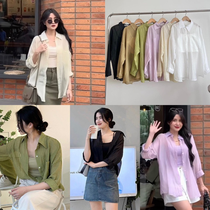Set áo 2s croptop có đệm ngực kèm áo sơ mi voan đũi nhăn tay dài nhiều màu freesize Pumi 14440