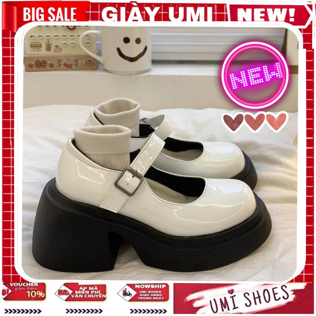 GIÀY LOLITA 007 NỮ MARY QUAI CÀI Đế Cao 6cm Da Bóng Màu Đen/kem xinh hot mới đi chơi đi học đẹp