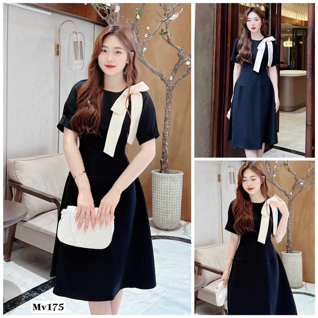 Váy đen dáng xòe phối nơ be dịu dàng MV175