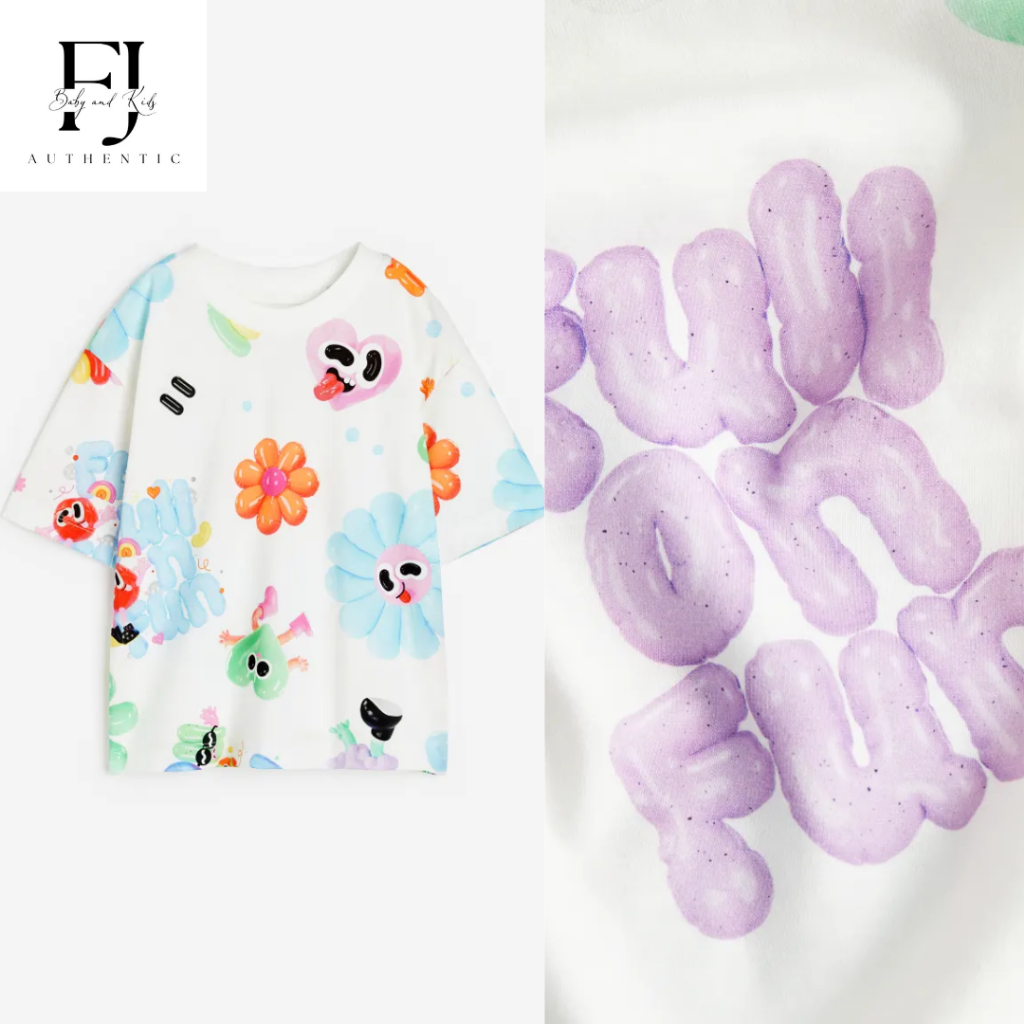 Áo thun trắng họa tiết sắc màu chính hãng HM, áo thun bé trai Auth 1-10 tuổi