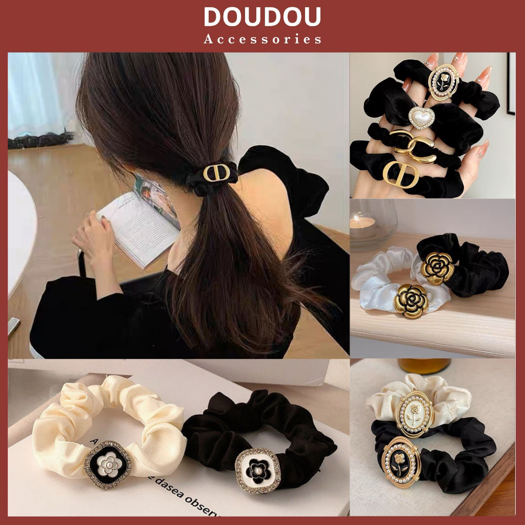 Dây buộc tóc Scrunchies Doudou Cột tóc nữ vải lụa cao cấp họa tiết ChaneI hoa trà phong cách Hàn Quốc thời trang FQ003