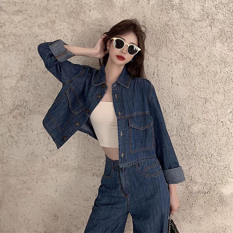 Set đồ bộ Áo khoác bò Jeans dáng croptop + Quần bò Jeans rộng ống suông phong cách thời trang Hàn Quốc