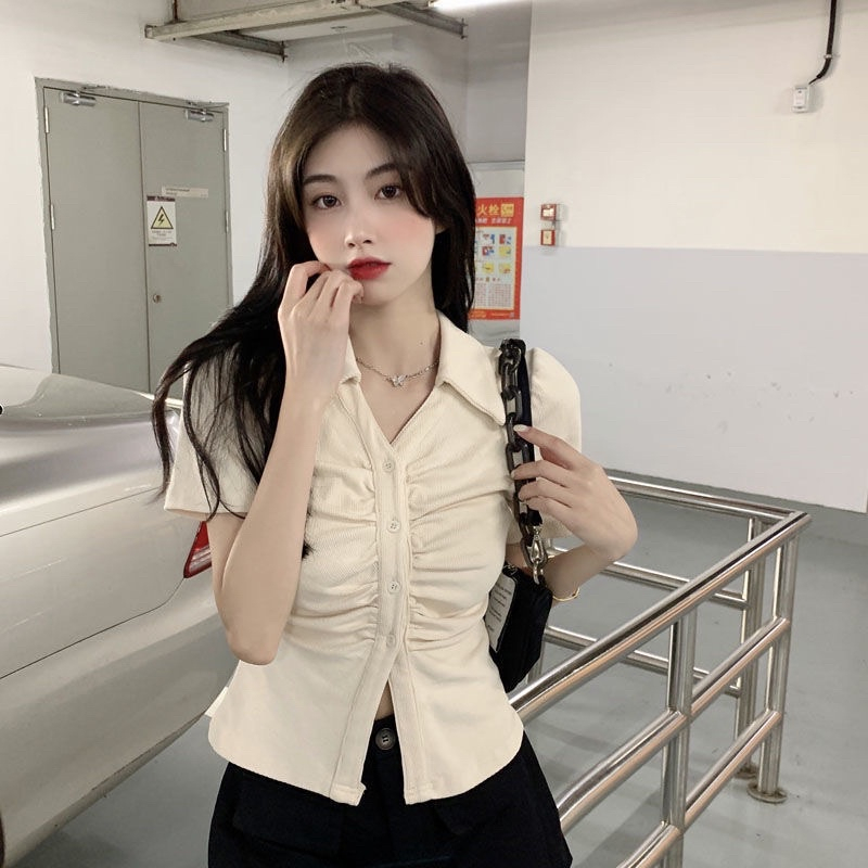 Áo sơ mi nữ dáng xinh xắn cổ polo chất tổ ong co giãn ôm body chuẩn mẫu mới nhất tại shop A08 | BigBuy360 - bigbuy360.vn