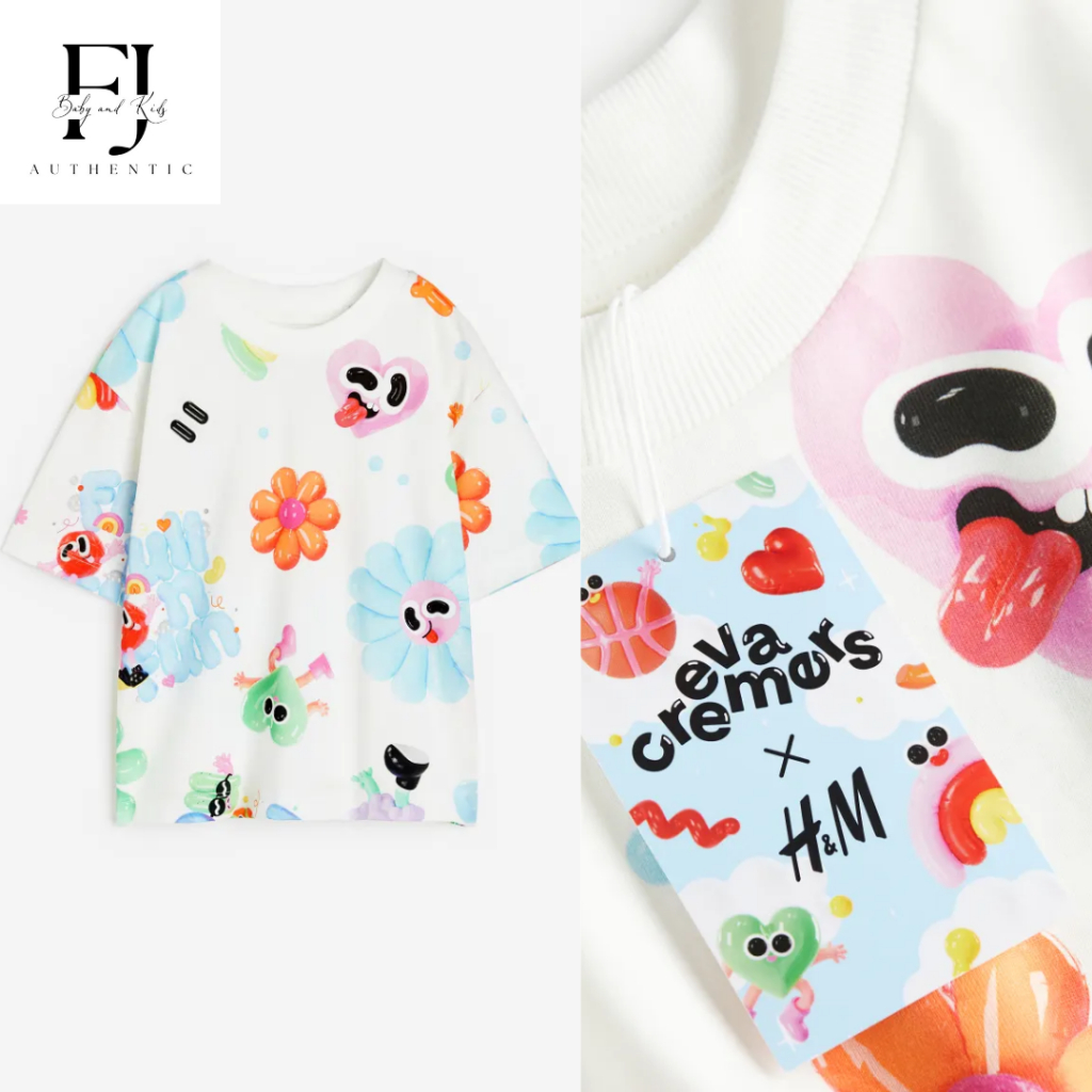 Áo thun trắng họa tiết sắc màu chính hãng HM, áo thun bé trai Auth 1-10 tuổi
