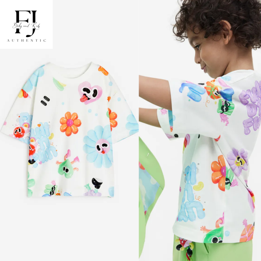 Áo thun trắng họa tiết sắc màu chính hãng HM, áo thun bé trai Auth 1-10 tuổi