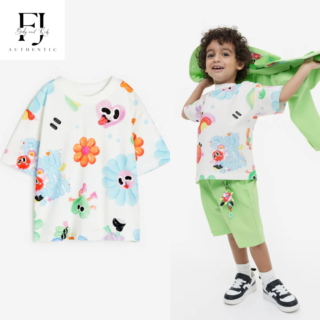 Áo thun trắng họa tiết sắc màu chính hãng HM, áo thun bé trai Auth 1-10 tuổi