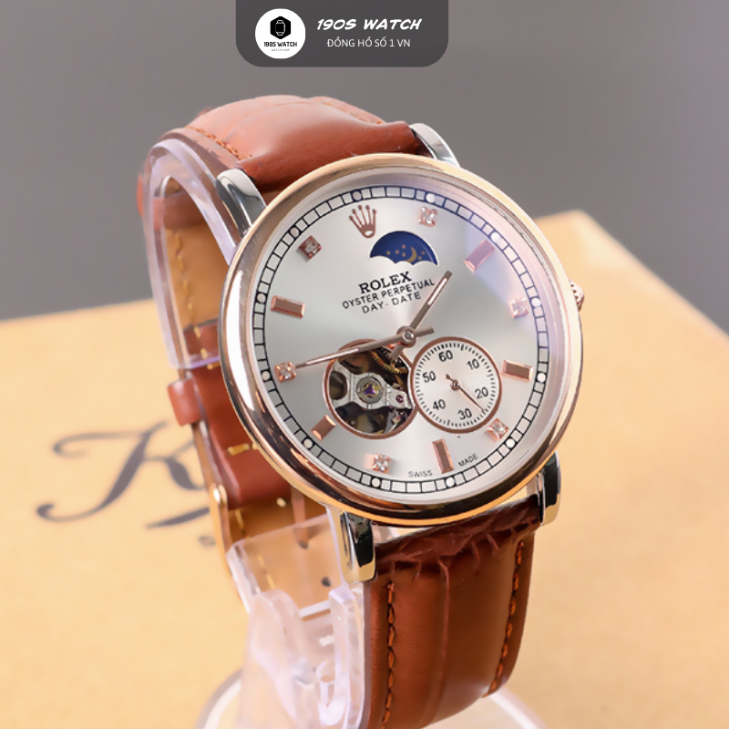 Đồng hồ cơ Rolex Day Night Sun Moon Automatic, khung viền thép cao cấp, kim rốn cực kì sang trọng, dây da cao cấp